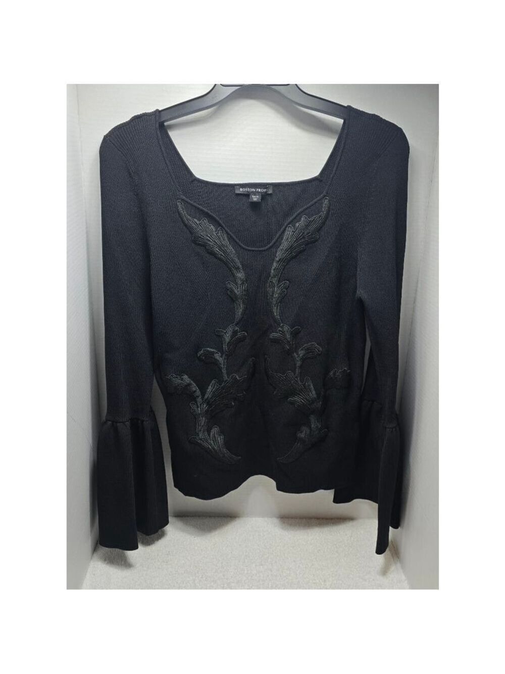 Women's Boston Proper Black Embroidered Square Neck Sweater XL